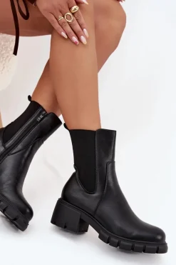 Boto Botki Damskie Na Klocku Eko Skórzane Czarne Kyra Czarny