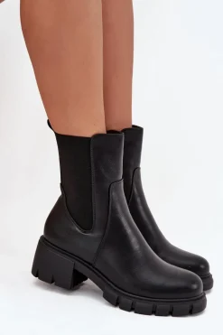 Boto Botki Damskie Na Klocku Eko Skórzane Czarne Kyra Czarny
