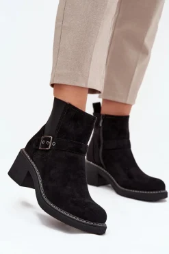 Outlet Boto Botki Damskie Na Klocku Z Klamrą Czarne Nymera Czarny