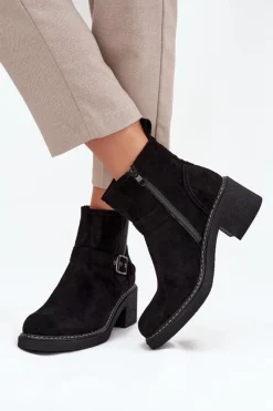 Outlet Boto Botki Damskie Na Klocku Z Klamrą Czarne Nymera Czarny