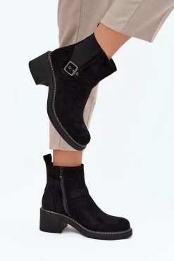 Outlet Boto Botki Damskie Na Klocku Z Klamrą Czarne Nymera Czarny