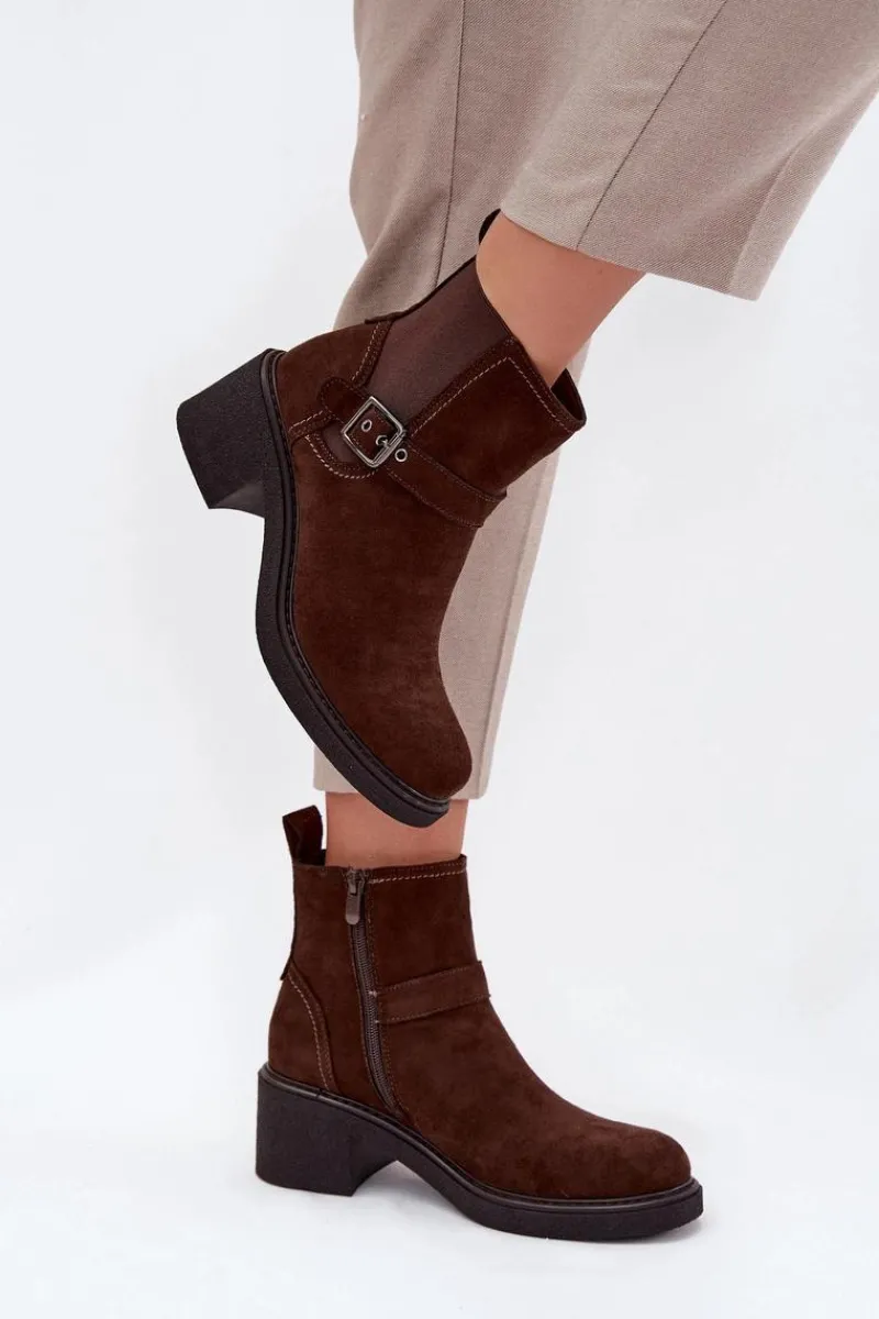 Clearance Boto Botki Damskie Na Klocku Z Klamrą Brązowe Nymera