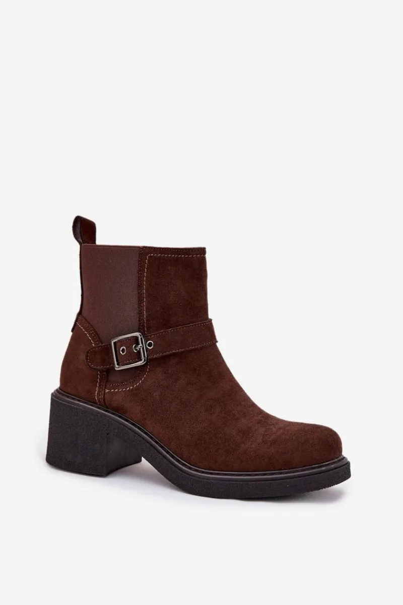 Clearance Boto Botki Damskie Na Klocku Z Klamrą Brązowe Nymera