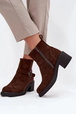 Clearance Boto Botki Damskie Na Klocku Z Klamrą Brązowe Nymera