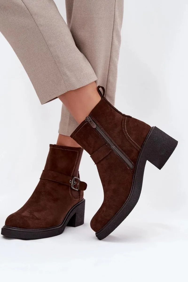 Clearance Boto Botki Damskie Na Klocku Z Klamrą Brązowe Nymera