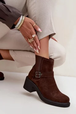 Clearance Boto Botki Damskie Na Klocku Z Klamrą Brązowe Nymera