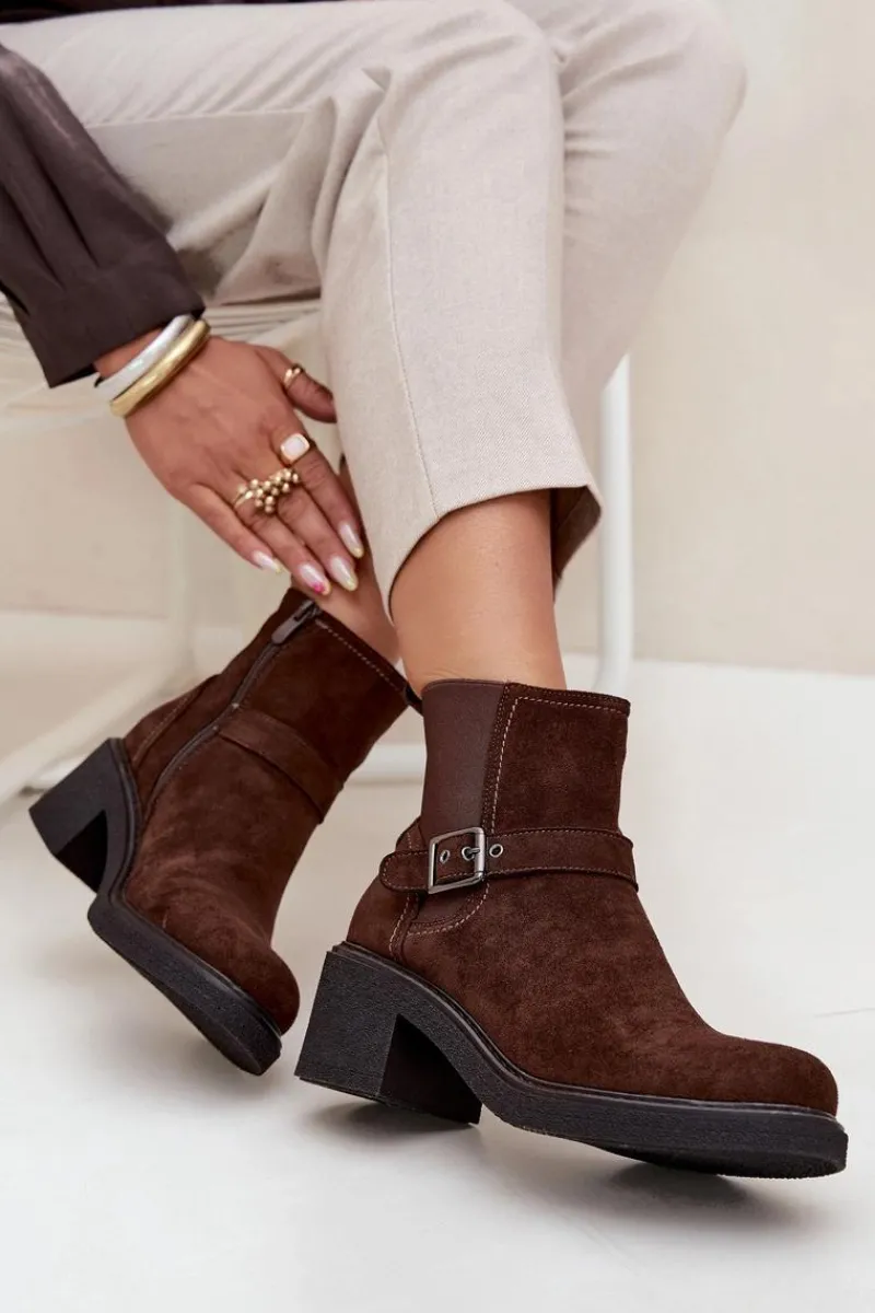 Clearance Boto Botki Damskie Na Klocku Z Klamrą Brązowe Nymera