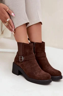 Clearance Boto Botki Damskie Na Klocku Z Klamrą Brązowe Nymera