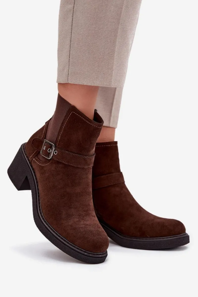 Clearance Boto Botki Damskie Na Klocku Z Klamrą Brązowe Nymera