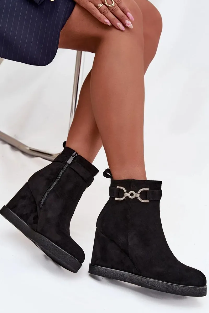 Botki Ocieplane|Botki Na Koturnie>Boto Botki Damskie Na Koturnie Z Ozdobnym Detalem Czarne Marivana Czarny