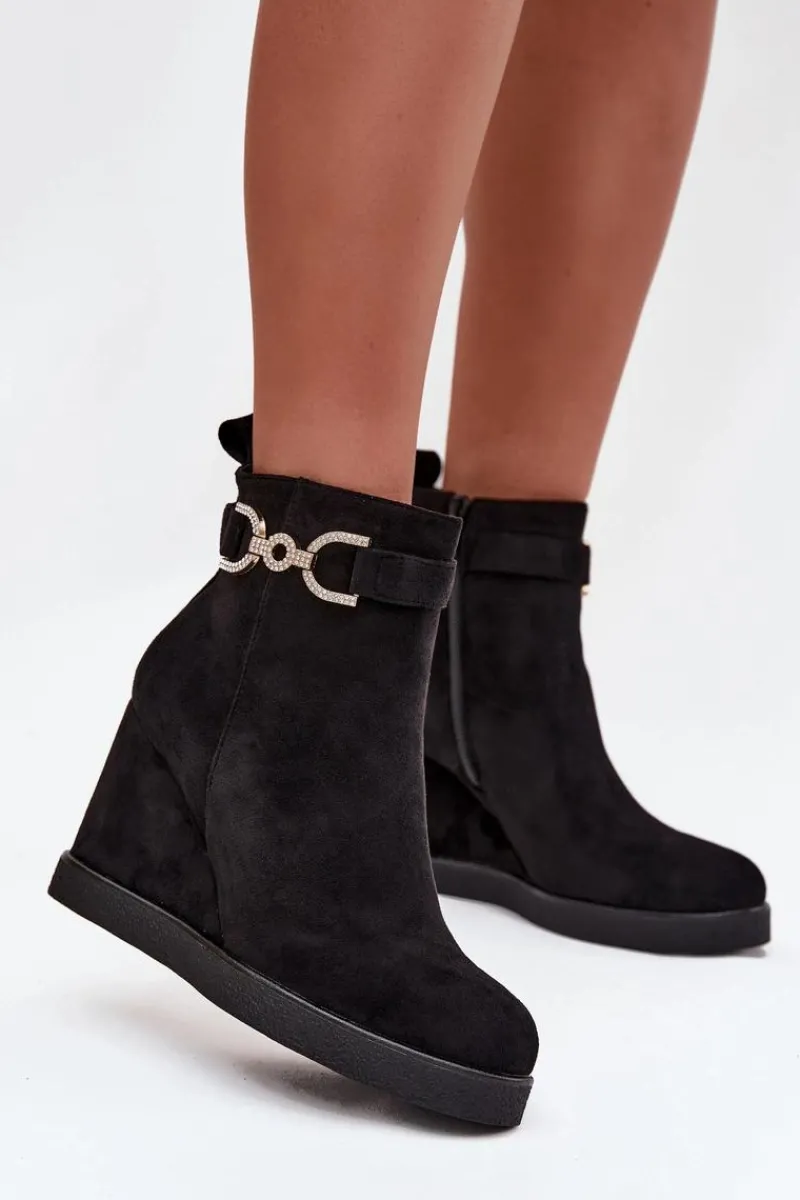 Botki Ocieplane|Botki Na Koturnie>Boto Botki Damskie Na Koturnie Z Ozdobnym Detalem Czarne Marivana Czarny