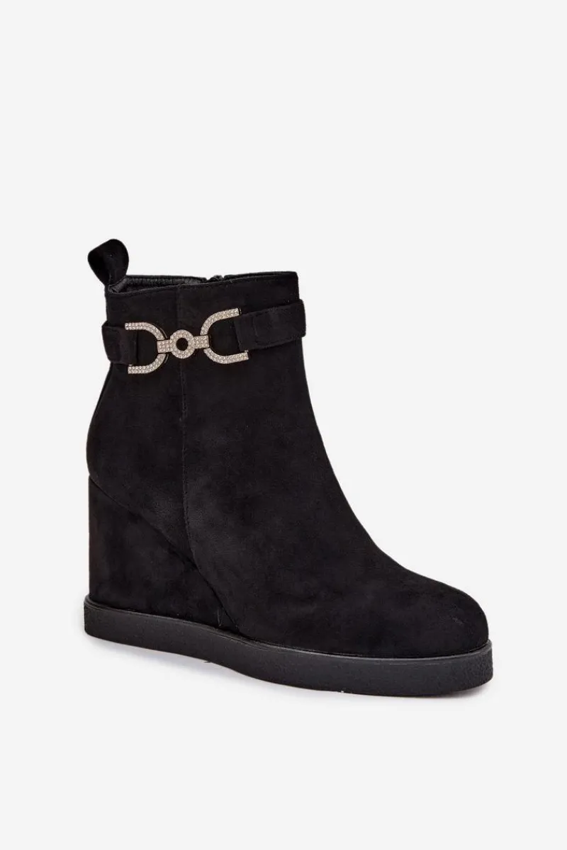 Botki Ocieplane|Botki Na Koturnie>Boto Botki Damskie Na Koturnie Z Ozdobnym Detalem Czarne Marivana Czarny