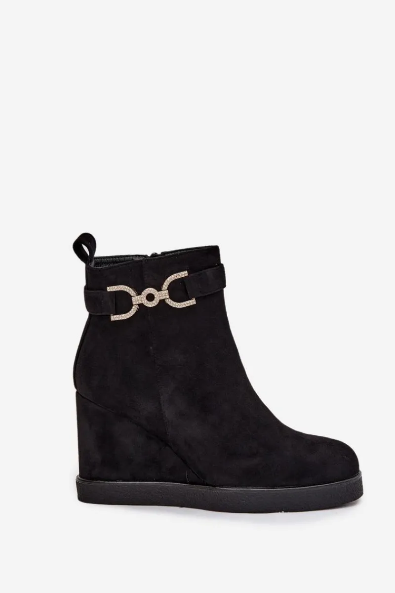 Botki Ocieplane|Botki Na Koturnie>Boto Botki Damskie Na Koturnie Z Ozdobnym Detalem Czarne Marivana Czarny