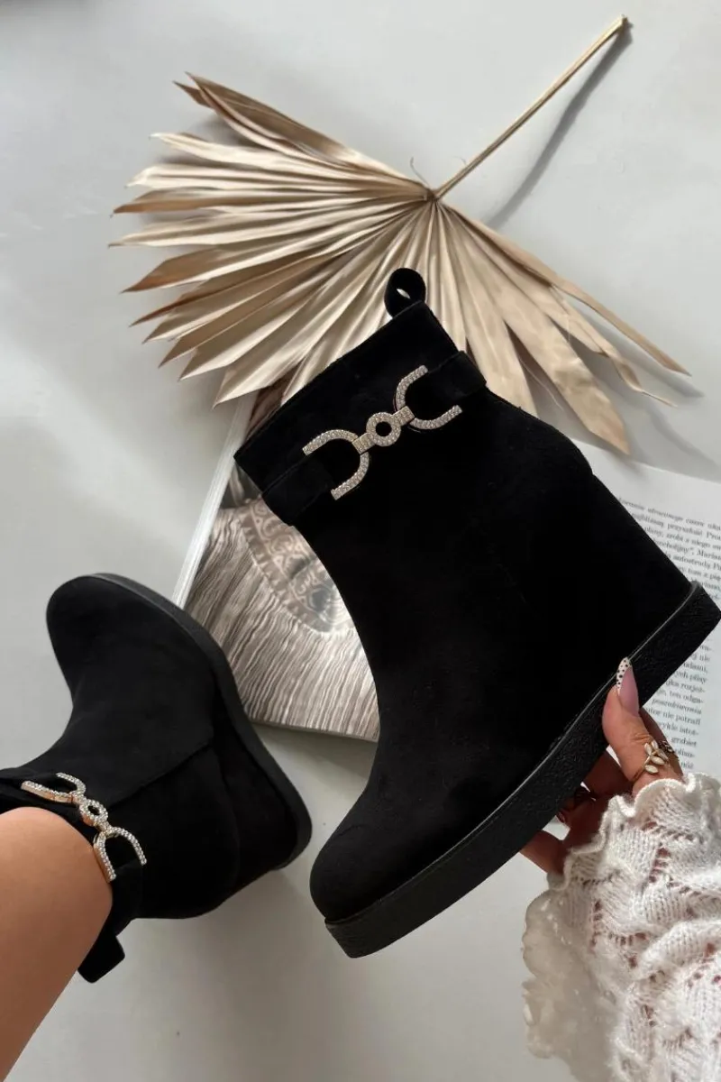 Botki Ocieplane|Botki Na Koturnie>Boto Botki Damskie Na Koturnie Z Ozdobnym Detalem Czarne Marivana Czarny