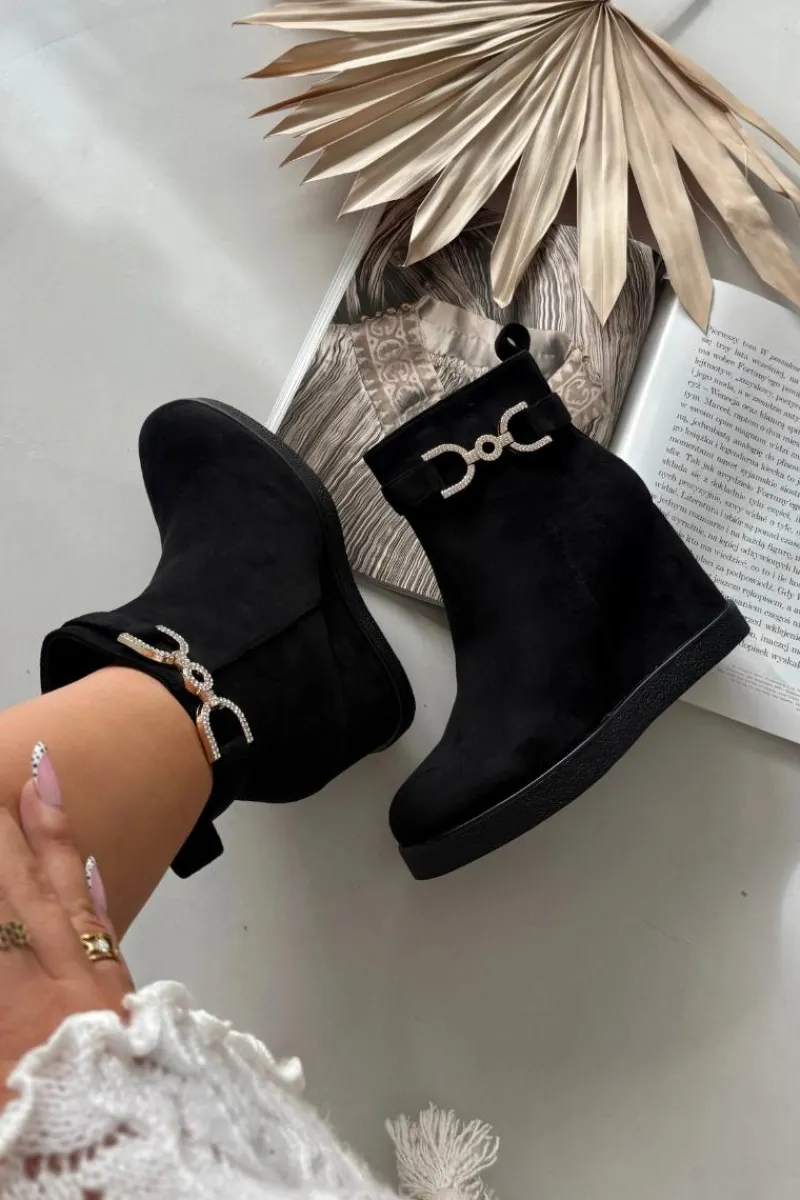 Botki Ocieplane|Botki Na Koturnie>Boto Botki Damskie Na Koturnie Z Ozdobnym Detalem Czarne Marivana Czarny