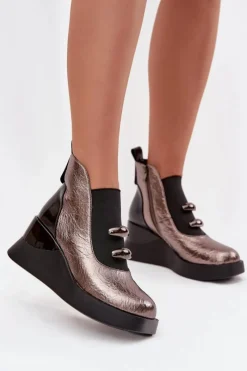 Botki Skórzane|Botki Na Koturnie></noscript>Damskie buty S.Barski Botki Damskie Na Koturnie D&A MR52-106 Metaliczne Srebrny