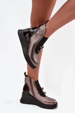 Botki Skórzane|Botki Na Koturnie></noscript>Damskie buty S.Barski Botki Damskie Na Koturnie D&A MR52-106 Metaliczne Srebrny