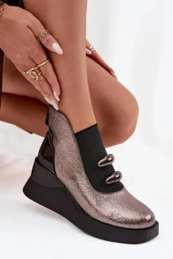 Botki Skórzane|Botki Na Koturnie></noscript>Damskie buty S.Barski Botki Damskie Na Koturnie D&A MR52-106 Metaliczne Srebrny