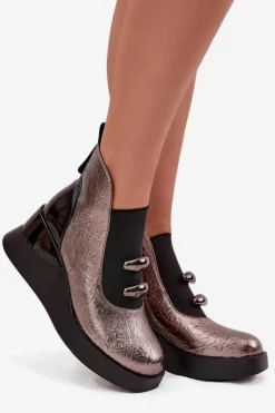 Botki Skórzane|Botki Na Koturnie></noscript>Damskie buty S.Barski Botki Damskie Na Koturnie D&A MR52-106 Metaliczne Srebrny