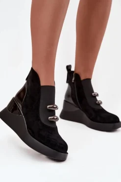 Botki Zimowe Damskie|Botki Na Koturnie>Damskie buty S.Barski Botki Damskie Na Koturnie D&A MR52-106 Czarne Czarny