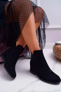 Boto Botki Damskie na Koturnie Zamsz Czarne Tema