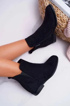 Boto Botki Damskie na Koturnie Zamsz Czarne Tema