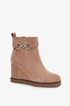 New Boto Botki Damskie Na Koturnie Z Ozdobnym Detalem Beżowe Marivana Beżowy