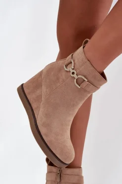 New Boto Botki Damskie Na Koturnie Z Ozdobnym Detalem Beżowe Marivana Beżowy