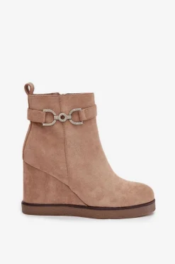 New Boto Botki Damskie Na Koturnie Z Ozdobnym Detalem Beżowe Marivana Beżowy