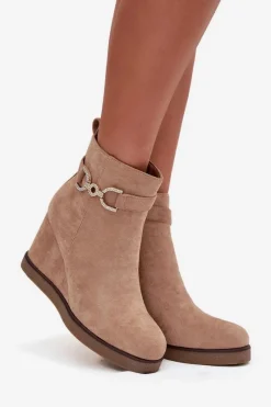 New Boto Botki Damskie Na Koturnie Z Ozdobnym Detalem Beżowe Marivana Beżowy