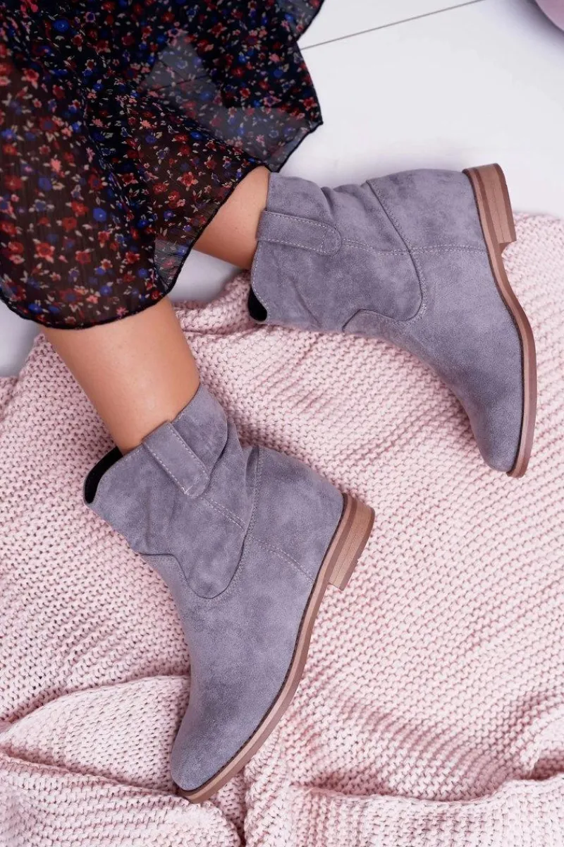Best Boto Botki Damskie Na Koturnie Płaski Obcas Ocieplane Za Kostkę Szare Demini