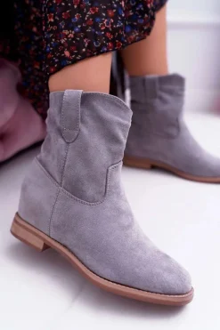 Best Boto Botki Damskie Na Koturnie Płaski Obcas Ocieplane Za Kostkę Szare Demini