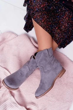 Best Boto Botki Damskie Na Koturnie Płaski Obcas Ocieplane Za Kostkę Szare Demini