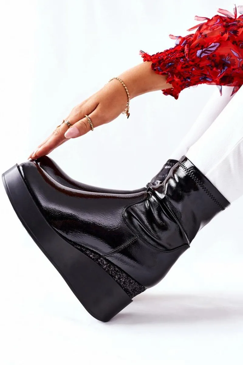 Botki Na Koturnie|Czarne Botki>Damskie buty S.Barski Botki Damskie Na Koturnie Lakierowane Czarne Therapie