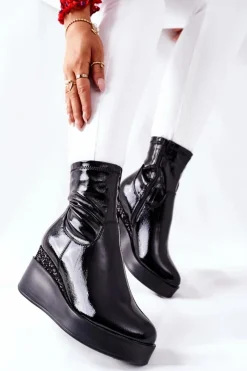 Botki Na Koturnie|Czarne Botki>Damskie buty S.Barski Botki Damskie Na Koturnie Lakierowane Czarne Therapie