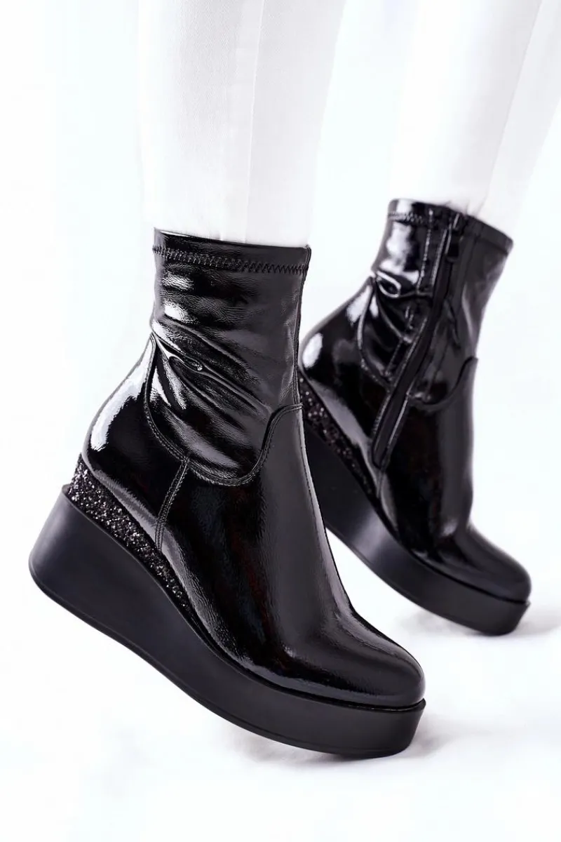 Botki Na Koturnie|Czarne Botki>Damskie buty S.Barski Botki Damskie Na Koturnie Lakierowane Czarne Therapie