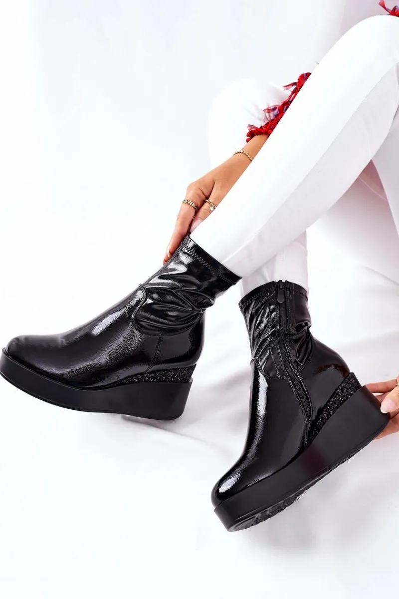 Botki Na Koturnie|Czarne Botki>Damskie buty S.Barski Botki Damskie Na Koturnie Lakierowane Czarne Therapie