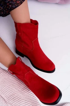 Botki Damskie Na Koturnie Płaski Obcas Ocieplane Za Kostkę Czerwone Demini Damskie Botki Na Koturnie|Botki Zimowe Damskie