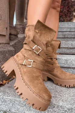 Sale Boto Botki Damskie Na Masywnym Obcasie Z Klamrami I Paskiem Khaki Nerelisa Beżowy