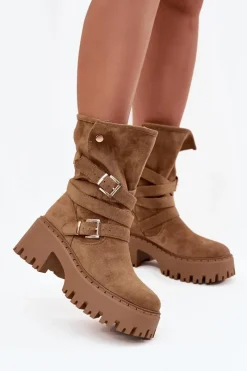 Sale Boto Botki Damskie Na Masywnym Obcasie Z Klamrami I Paskiem Khaki Nerelisa Beżowy