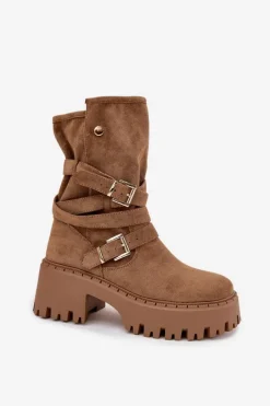 Sale Boto Botki Damskie Na Masywnym Obcasie Z Klamrami I Paskiem Khaki Nerelisa Beżowy