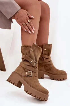 Sale Boto Botki Damskie Na Masywnym Obcasie Z Klamrami I Paskiem Khaki Nerelisa Beżowy