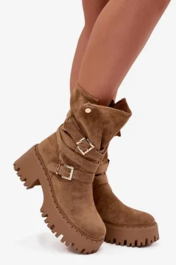 Sale Boto Botki Damskie Na Masywnym Obcasie Z Klamrami I Paskiem Khaki Nerelisa Beżowy