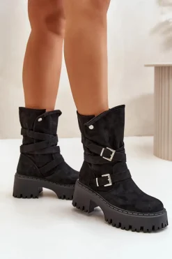 Online Boto Botki Damskie Na Masywnym Obcasie Z Klamrami I Paskiem Czarne Nerelisa Czarny