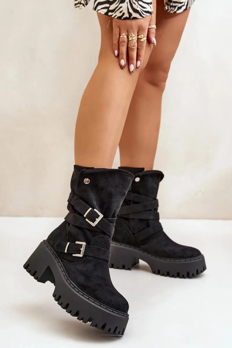 Online Boto Botki Damskie Na Masywnym Obcasie Z Klamrami I Paskiem Czarne Nerelisa Czarny