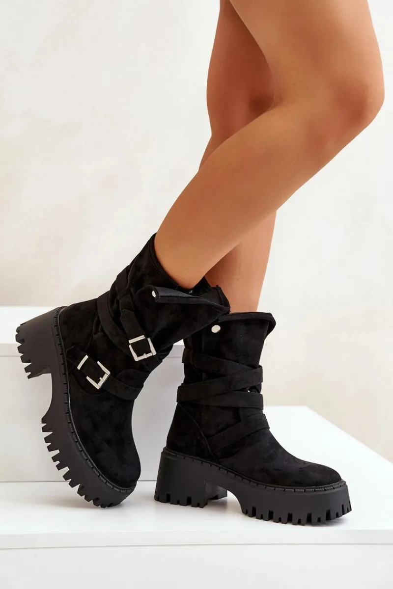 Online Boto Botki Damskie Na Masywnym Obcasie Z Klamrami I Paskiem Czarne Nerelisa Czarny