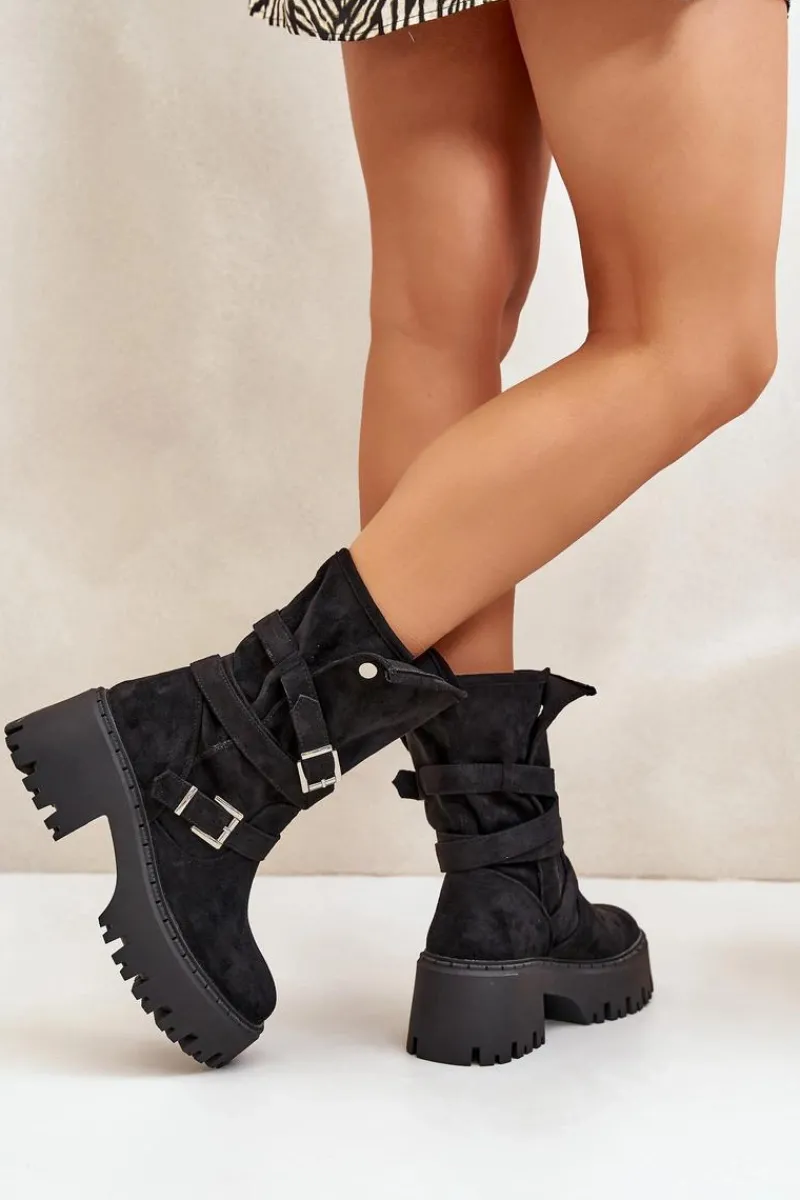 Online Boto Botki Damskie Na Masywnym Obcasie Z Klamrami I Paskiem Czarne Nerelisa Czarny