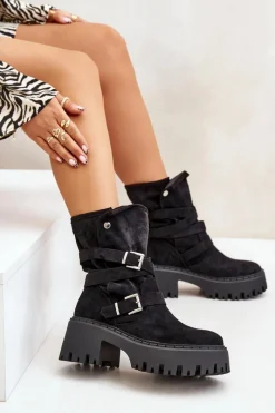 Online Boto Botki Damskie Na Masywnym Obcasie Z Klamrami I Paskiem Czarne Nerelisa Czarny