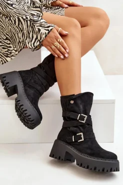 Online Boto Botki Damskie Na Masywnym Obcasie Z Klamrami I Paskiem Czarne Nerelisa Czarny