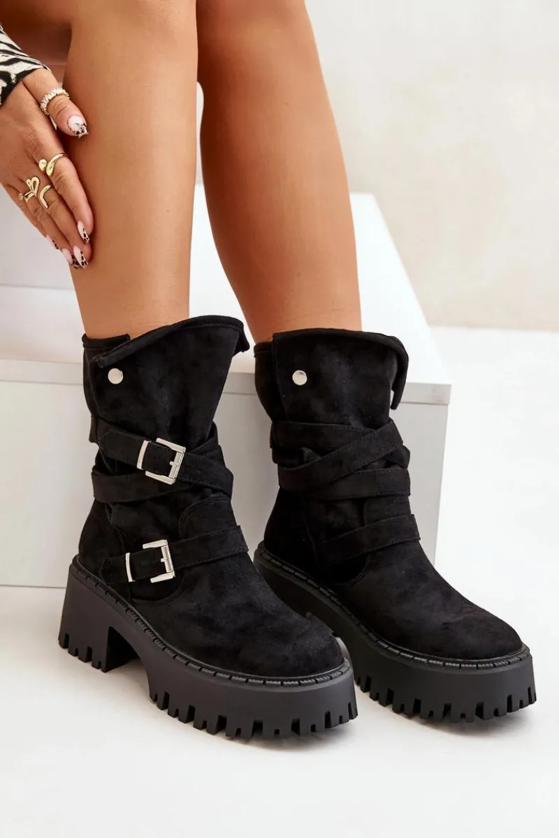 Online Boto Botki Damskie Na Masywnym Obcasie Z Klamrami I Paskiem Czarne Nerelisa Czarny